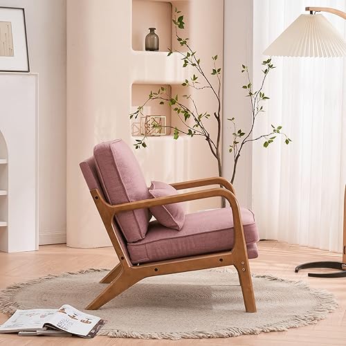 Miniatura 7 de JOYBASE Silla de salón, silla moderna de mediados de siglo, silla con brazo, sillón con marco de madera para sala de estar, dormitorio (rosa, tela)