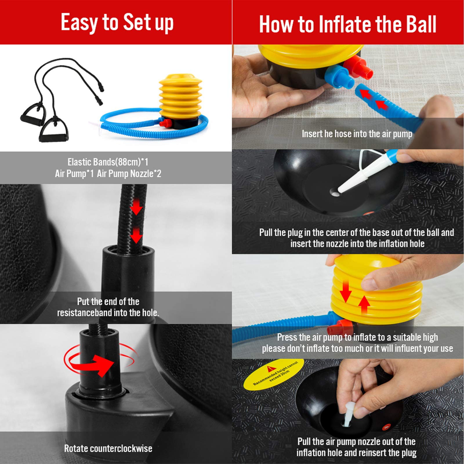 JX FITNESS Media pelota de equilibrio de 58 cm, media bola de yoga con bandas de resistencia y bomba – Mejora la fuerza del núcleo y el abdomen con entrenamientos de cuerpo completo en casa o