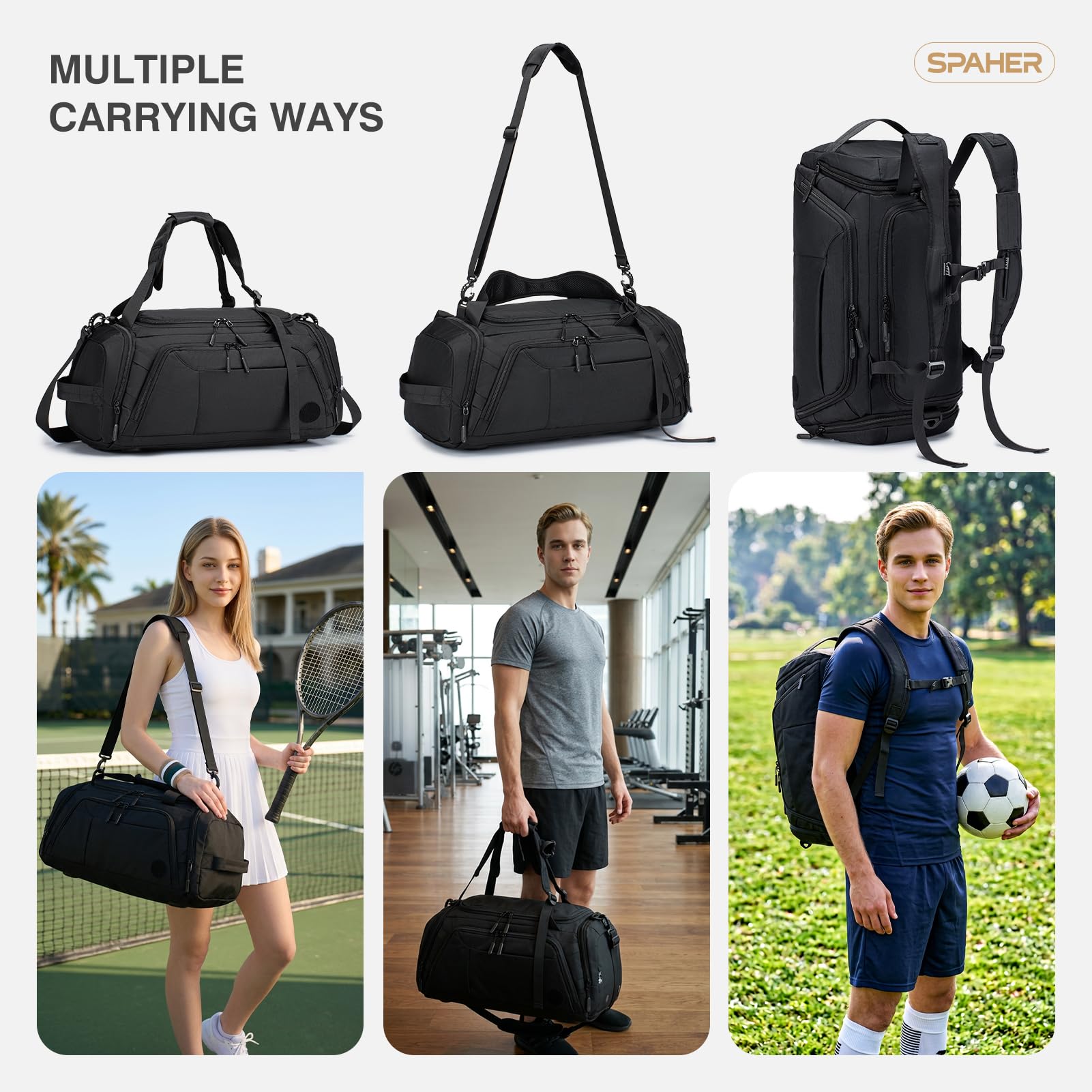 SPAHER 3 en 1 Sac de Sport Voyage avec Compartiments Chaussures et Humide