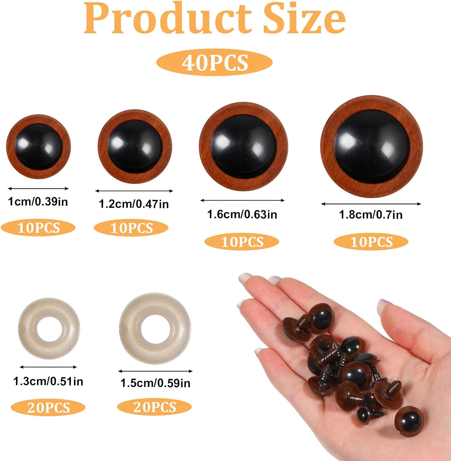SULIKJHUI 40 Pcs Safety Eyes for Crochet, Brown Craft Eyes with Washers (10/12/16/18mm), Amigurumi & Stuffed Animal Eye, Easy Secure Attachment for Dolls, Crochet Gifts & Christmas Ornaments
