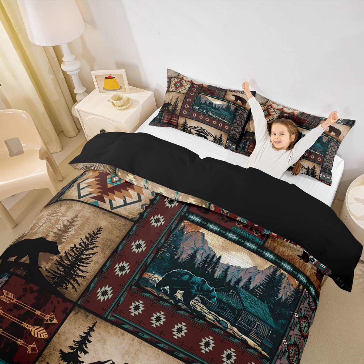 Feelyou Bear Duvet Cover Queen Size Rustic Cabin Country Bedding Set for Boys Girls Southwestern Exotic Comforter Cover Bedroom Decor 3Pcs