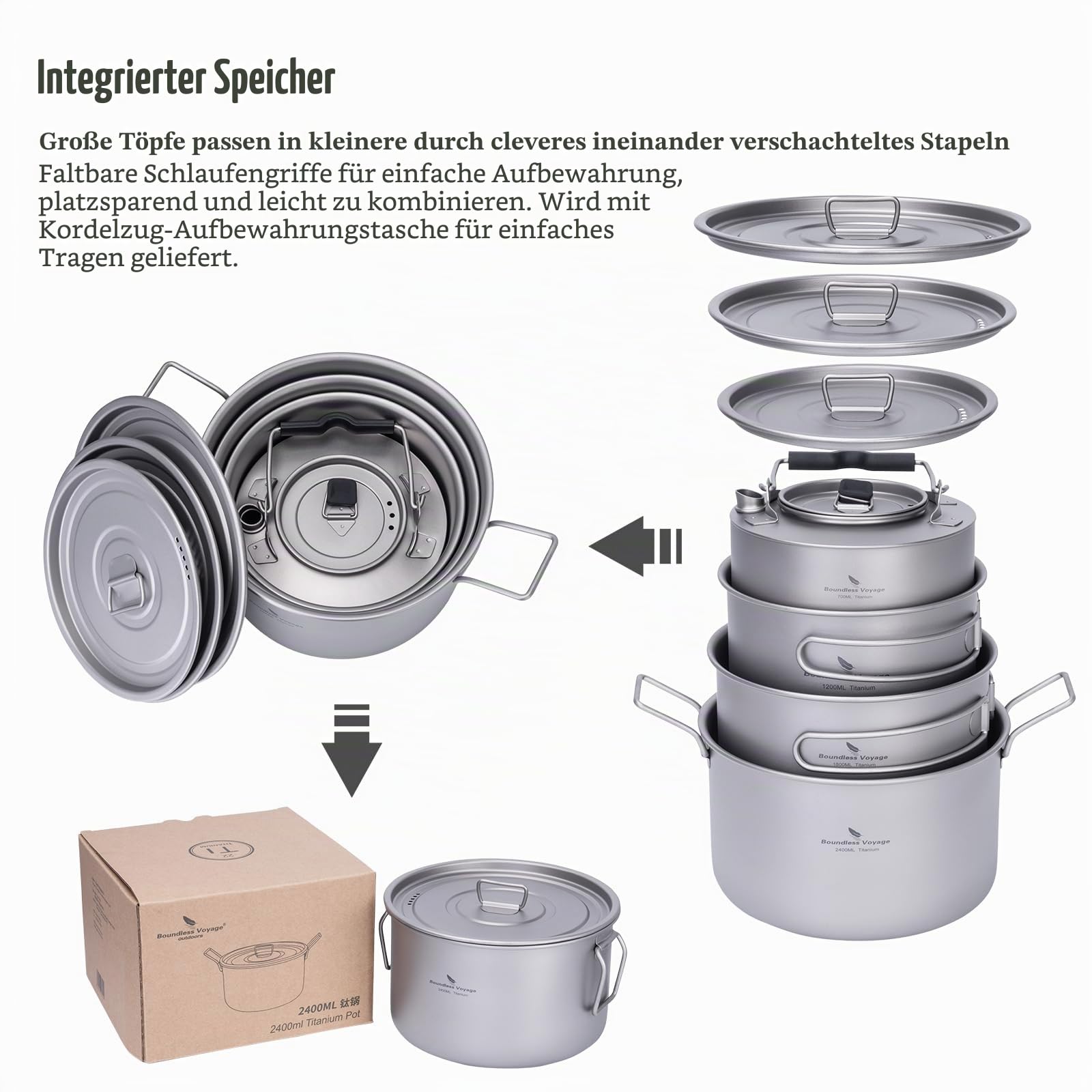 Boundless Voyage Titan Camping Kochgeschirr Mess Kit Faltbares Kochtopf-Set und Wasserkocher für Rucksackreisen, Outdoor, Picknick, Wandern, Reisen, BBQ Ti2109C+Ti3100D