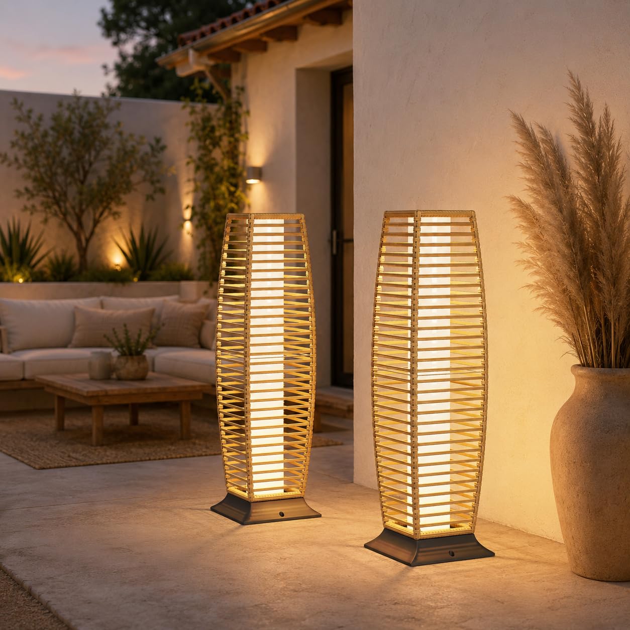 Grand patio 2-Piece Outdoor Floor Lamp Solar Lantern, Water-Resistant Wicker Boho Patio Light with 50/100 Lumens Dual Brightness &amp; Memory Mode for Garden Porch Deck Decor, Large Crossover Natural