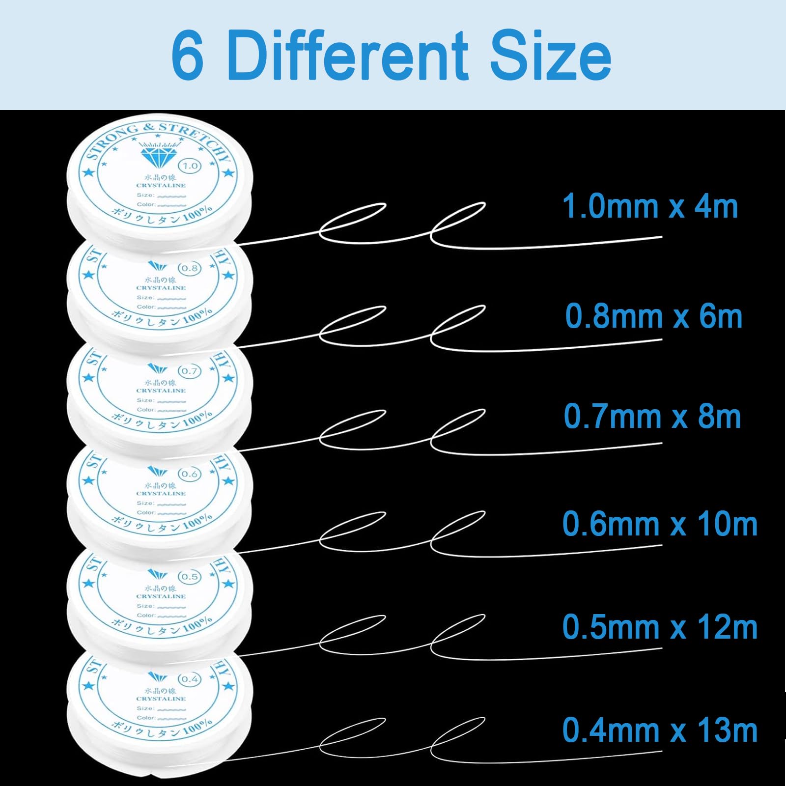 VBXPOU 6 Rotoli Filo Elastico per Braccialetti Resistente, 0,4/0,6/0,7/0,8/1 mm Elastico per Braccialetti Perline, Filo Trasparente per Collane con Forbici, Bottiglia, Aghi per Perline
