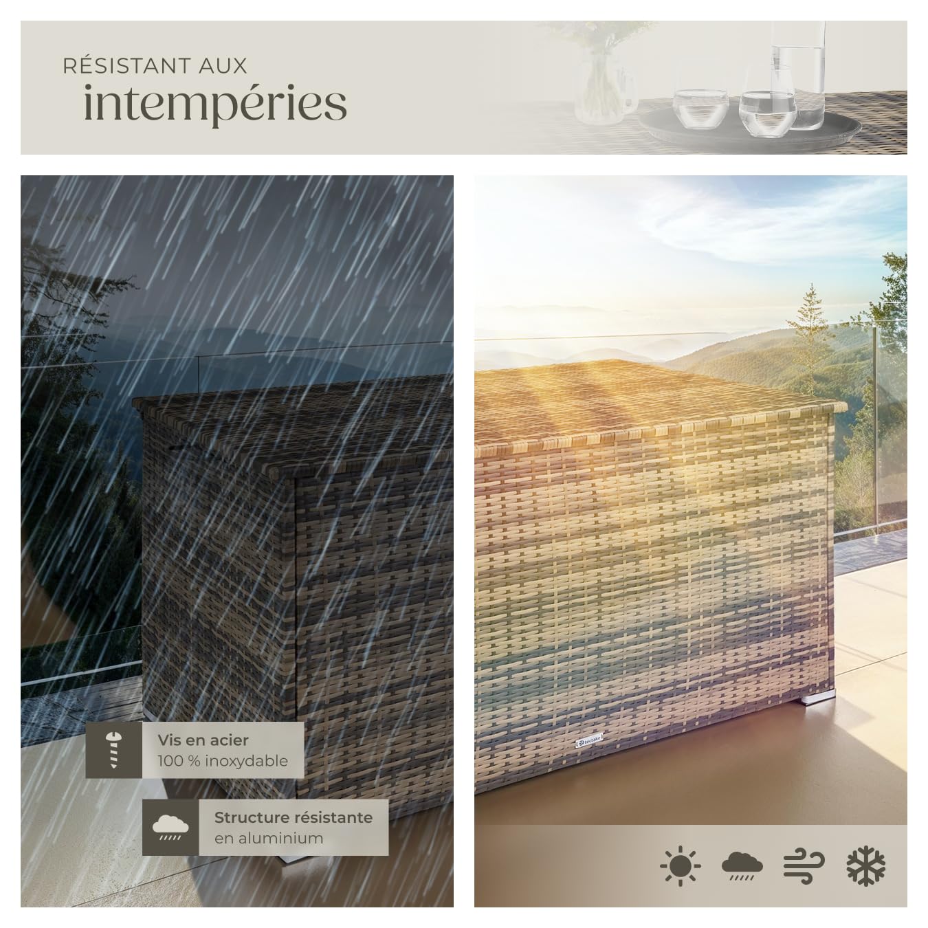 tectake® Coffre de jardin Exterieur, Coffre à Coussins 750 L en Aluminium Polyrotin 145 x 82,5 x 79,5 cm, Couvercle Rabattable, Poignées pour Rangement des Outils de Jardin, Jouets - 4