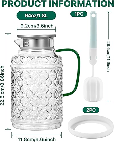 Miniatura 4 de Paquete de 2 jarras de vidrio con tapa, jarra de agua de vidrio vintage de 64 onzas1.8 litros, antideslizante y fácil de limpiar, jarra de agua para