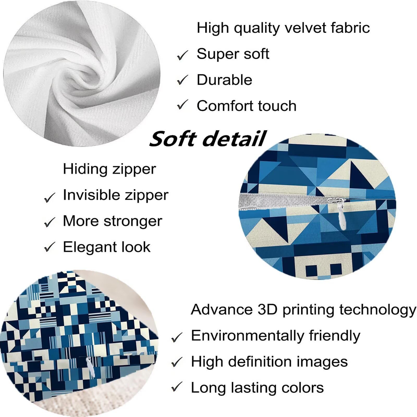 Blu Federe Cuscini Divano 60x60cm, Cuscini da Esterno Set de 4, Cod-47 | Velour Copricuscini Decorativi Letto Arredo, per Letto, Soggiorno, Giardino, Esterno, Casa Decorazione Set di 4 Geometria