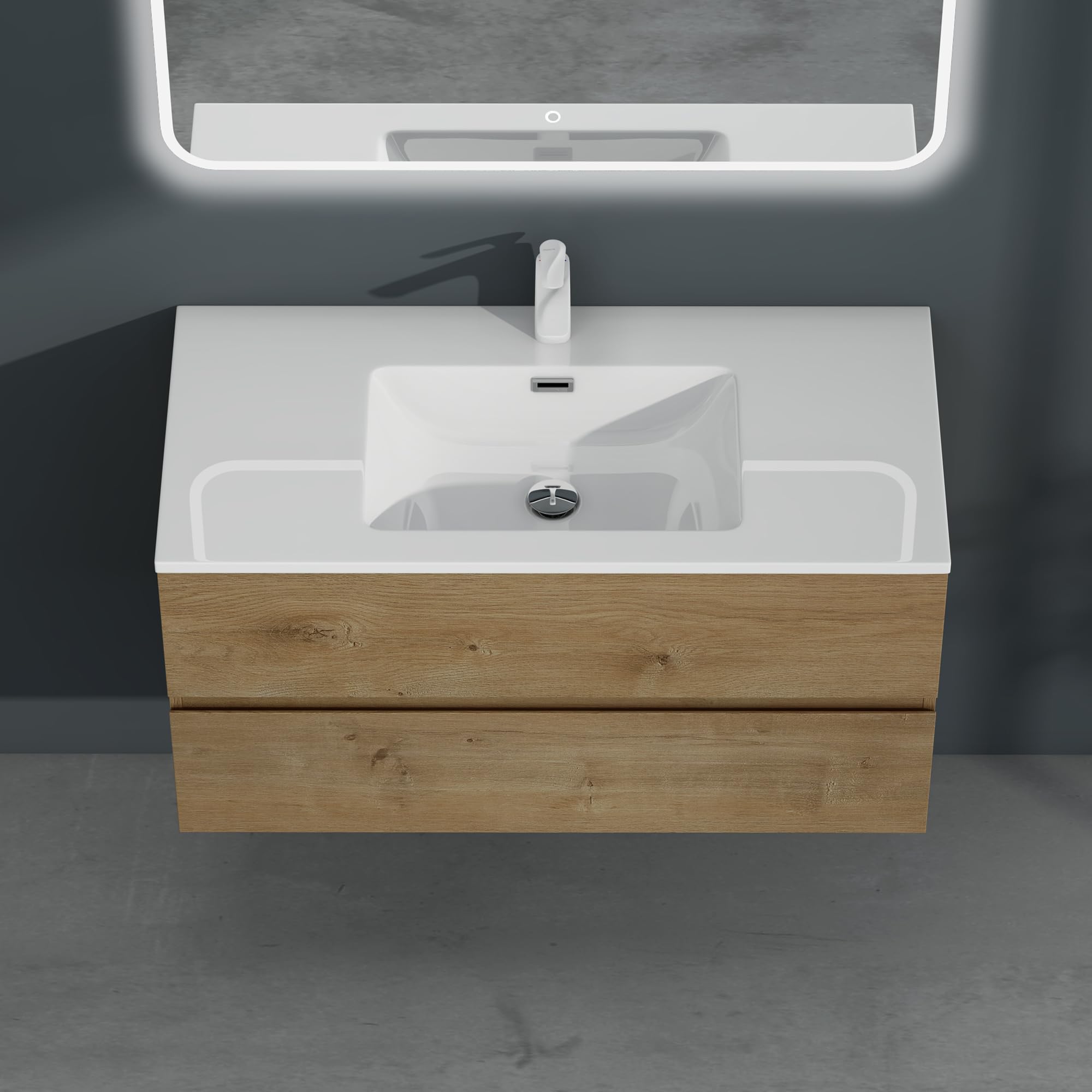 Mai & Mai Meuble sous Lavabo Marron Clair Ensemble de Meubles de Salle de Bains 80x48x50cm Meuble Suspendu avec 2 Tiroirs Desgin AQU