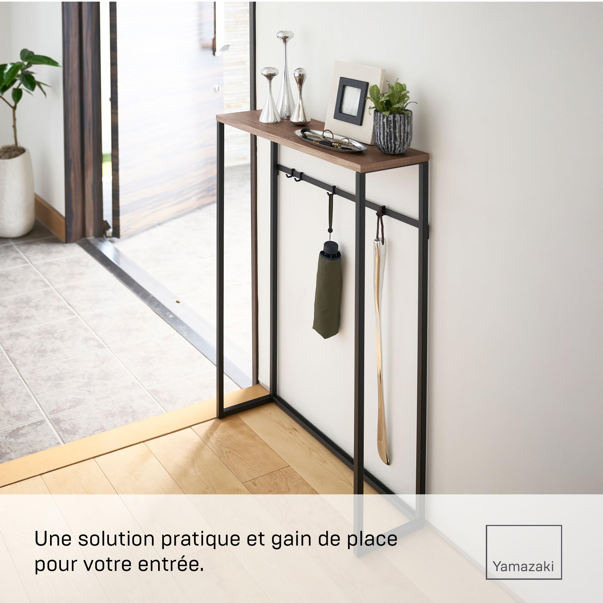 YAMAZAKI Tower Console d'entrée, en Acier avec Plateau en Bois - pour Couloir, Table de Salon, Fine et étroite - 60 x 18,5 x 80,5 cm, Design Japonais, Noir