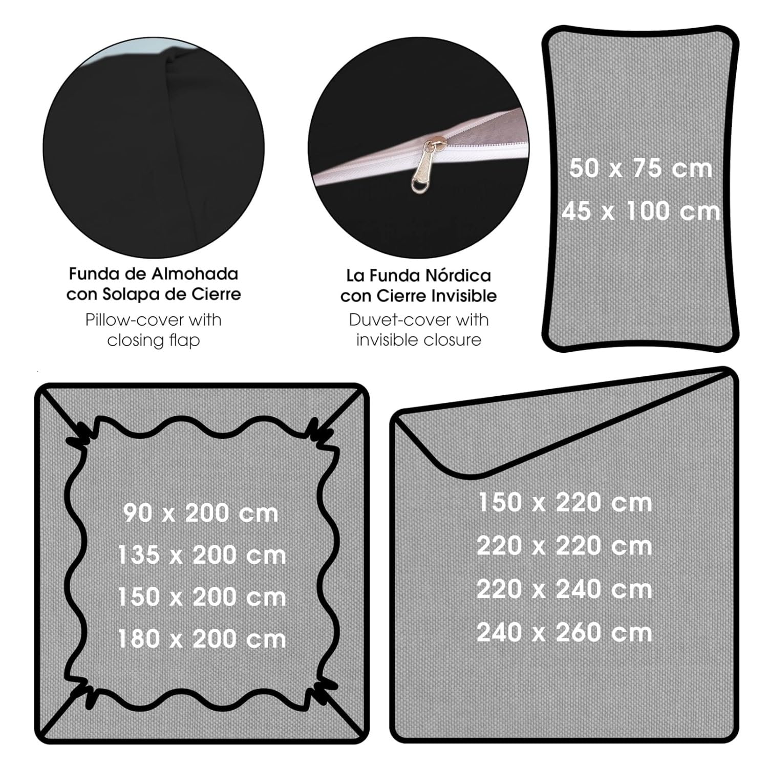 Juego de Funda Nordica de 4 Piezas para Cama 150 de Microfibra Suave - Funda Nórdica 220x240cm, Bajera Ajustable 150x200+25cm y con 2 Funda de Almohada 50x75cm - Negro