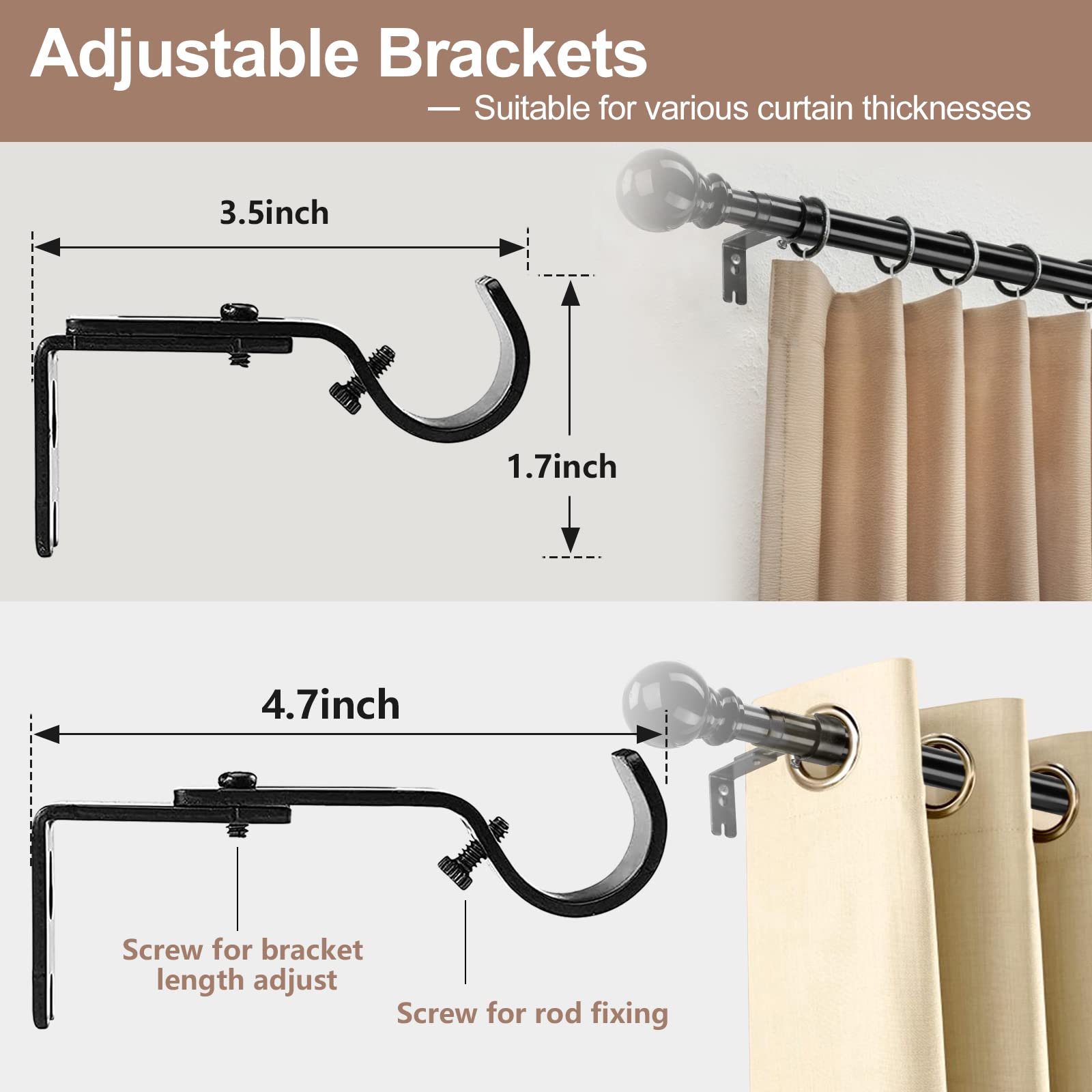 Curtain Rod Bracket, 1 inch Curtain Rod Holders Set of 2, Adjustable Curtain Rod Brackets for Wall, Black
