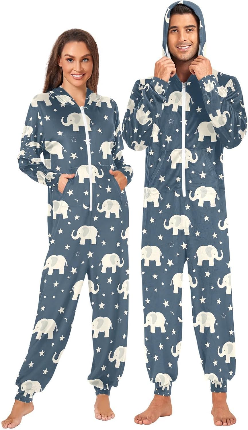 Elephant Stars Blue Adult Onesie Pajamas Novelty One Piece Costume Sleepwear Jumpsuits Matching PJS