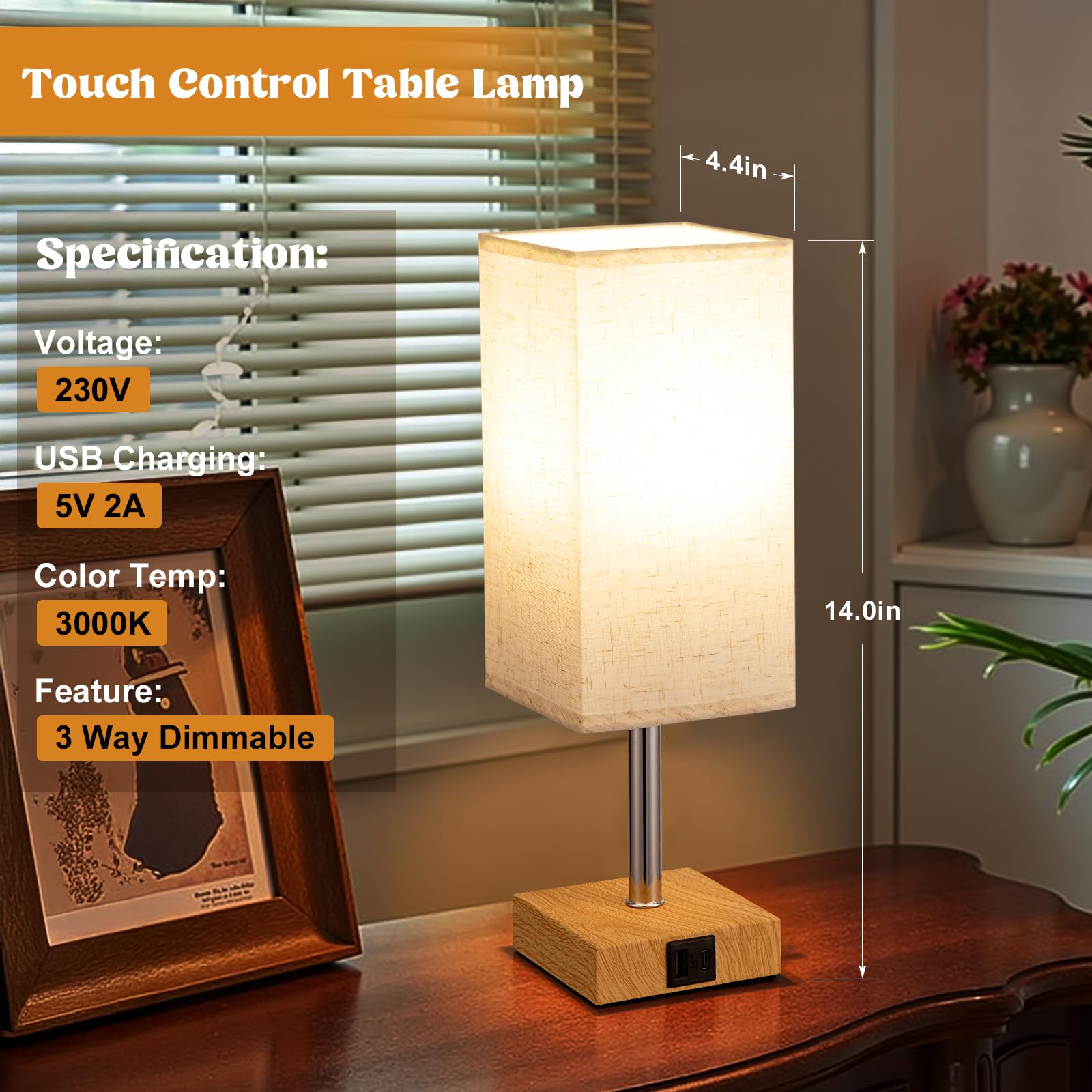 Lampki nocne, Lampy stołowe do salonu, sypialni, Lampy dotykowe Lampki nocne z portami ładowania USB A+C, Ściemnialna lampa do sypialni z abażurem z tkaniny do pokoju dziecięcego, gabinetu, akademika,