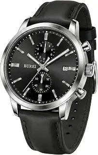 BUREI メンズレザーウォッチ クロノグラフ クォーツウォッチ メンズクラシックファッション腕時計 Relojes para Hombres、男性用ギフト(ブラウンブラック), ブルー ブラウン, ファッショナブル、クラシック、多機能、読みやすい、エレガントな紳士 (シルバーブラック。)