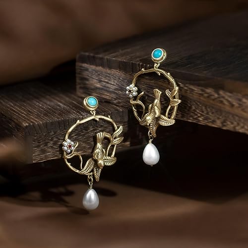 Miniatura 5 de HZMAN Aretes vintage de Robin Bird in Circle para mujer, hechos a mano con turquesa natural, perla sintética y latón antiguo