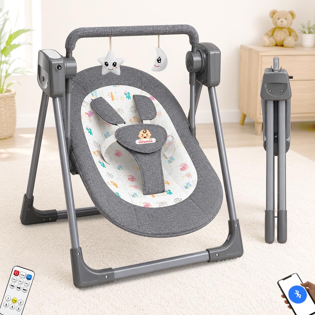 Infantso Automatic Baby Swing with 5 Point Safety Harness, Adjustable Swing for Baby 0-2 Years with Buletooth & Remote Control, 5-Speeds, Mosquito Net, Soothing Music, Free Cushion (Grey)-image-0