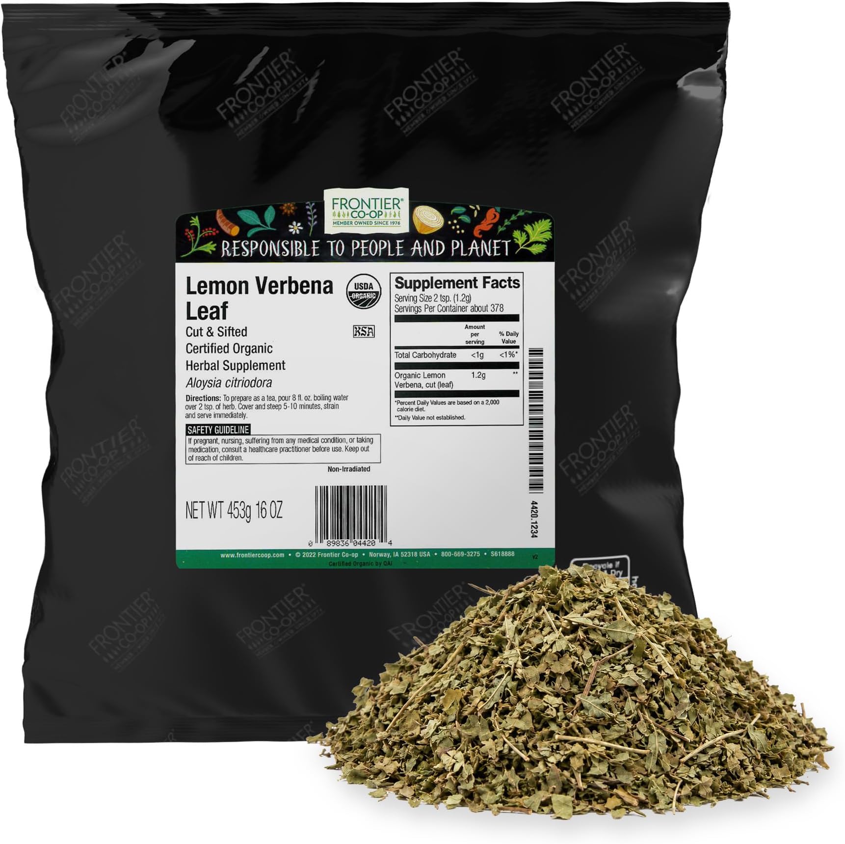 Frontier Co-op Organic Lemon Verbena Leaf, Cut and Sifted, Kosher, Bulk Bag - Loose Leaf Lemon Verbena Tea - Cafe and Restaurant Supply | 16 Ounce (Pack of 1)