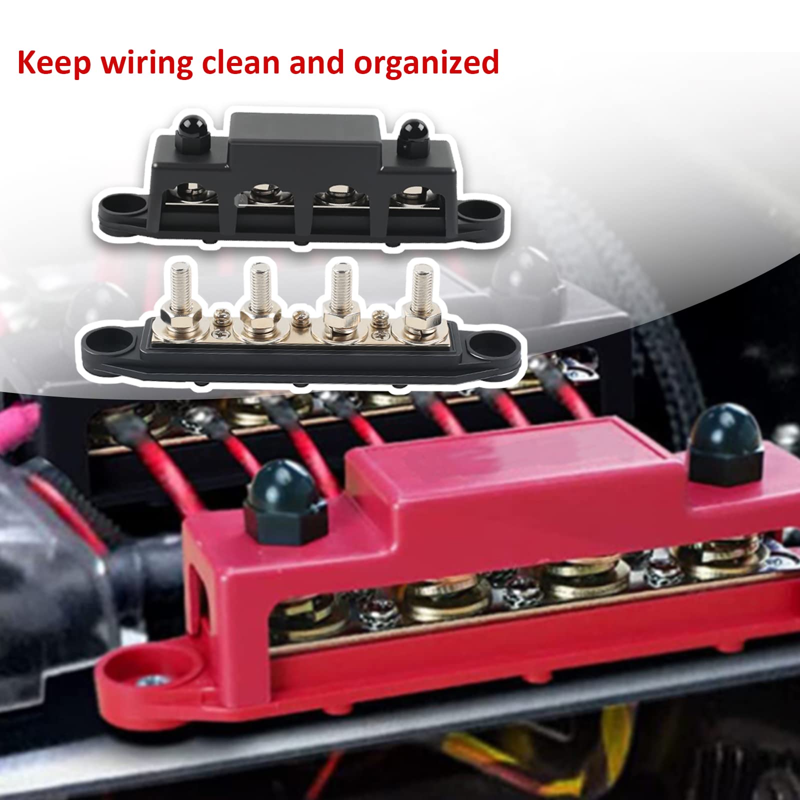 250 Amp Sammelschienen Verteilerblock, 4 x M8 BusBar Box, 12V-48V DC Klemmenbolzen Hochleistungsmodul, Stromverteilerblöcke für Auto RV Boat Yacht(Rot+Schwarz)