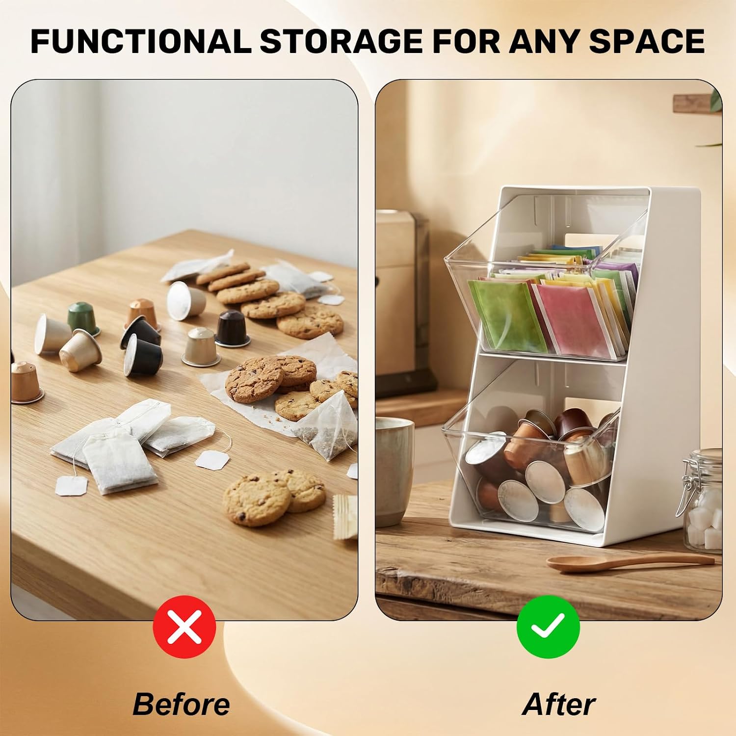 2 Pack Large Coffee Pod Holder, Coffee Station Counter Container Stackable Pantry Storage Organizer Bins, Creamer Suger Plastic Accessories Organizer for Office Home Kitchen Supplies(White)