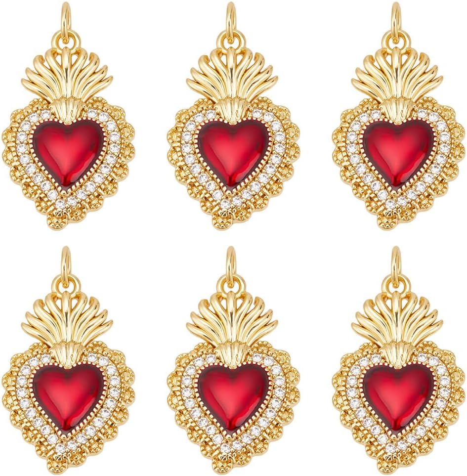 Beebeecraft 1 Box 6Pcs Red Heart Charms Real 18K Gold Plated Brass Cubic Zirconia Enamel Gothic Sacred Hearts Charms