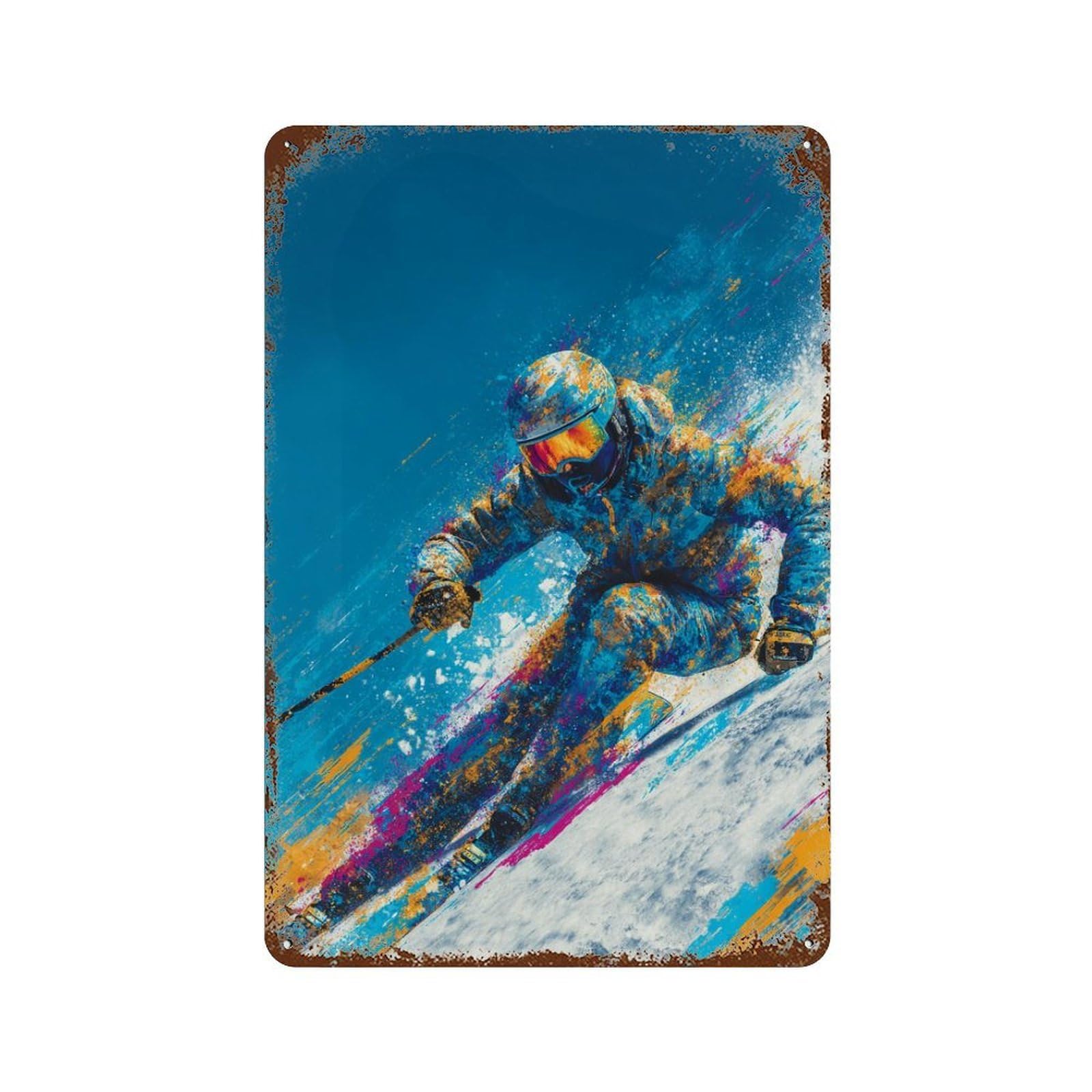 Decorative Tin Sign with Colorful Skiing Adventure Design 11.8"x7.9", for Farmhouse, Kitchen And Entryway Decor, Old School Wall Decor