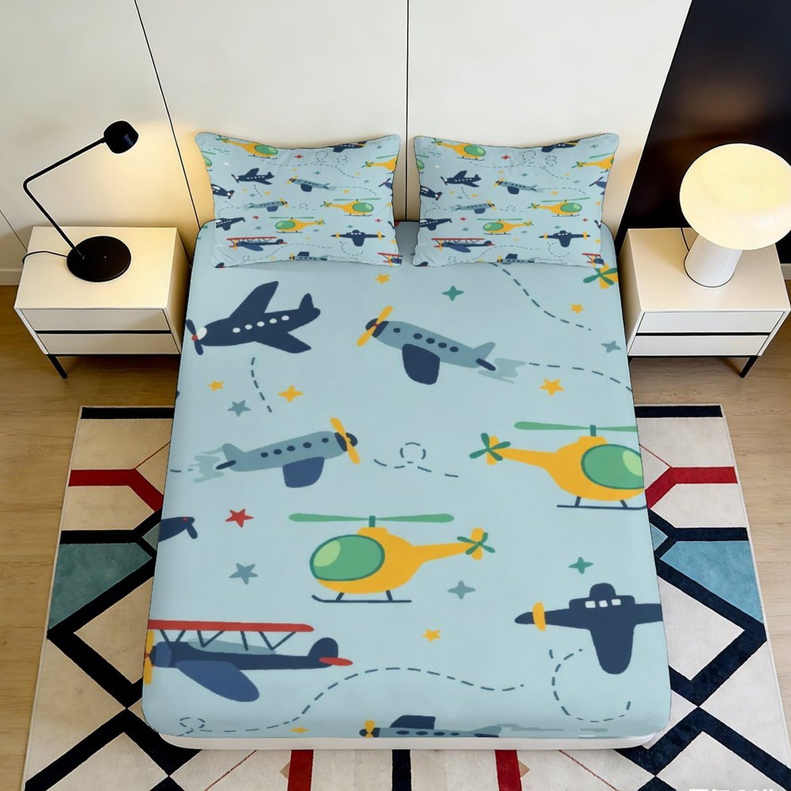 3D Printed Cartoon Airplane Fitted Sheet Microfiber Anti-Slip Helicopter Bed Cover for Bedroom Dorm Easy Care 180x200x25cm