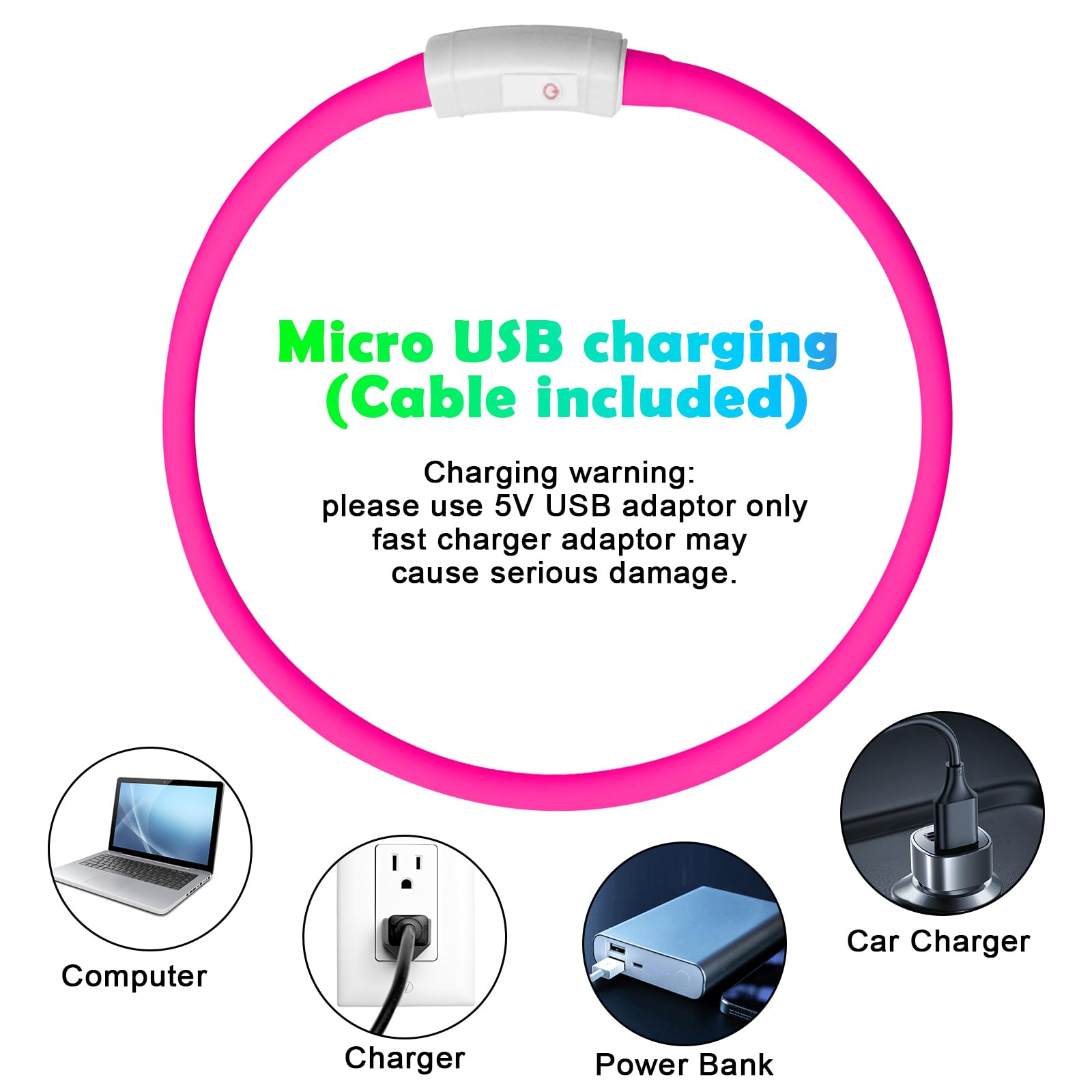 AUAUY Collare Luminoso per Cani, Collare per Animali Domestico LED Ricaricabile USB, Collare di Lunghezza Regolabile con 4 modalità Luminose per Cani di Taglia Piccola Media Grande - Rosa