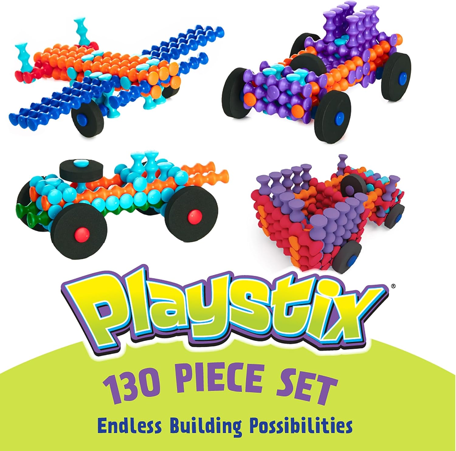 POPULAR PLAYTHINGS Playstix, Building Sticks Kit for Kids, Construction Stem Building Toy Gift for Boys & Girls - 130 Piece
