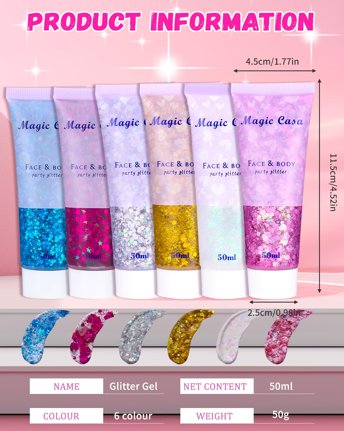 Chunky - 6 pezzi gel glitter corpo per trucco festival - glitter liquido per viso, capelli, labbra, unghie (50 ml)
