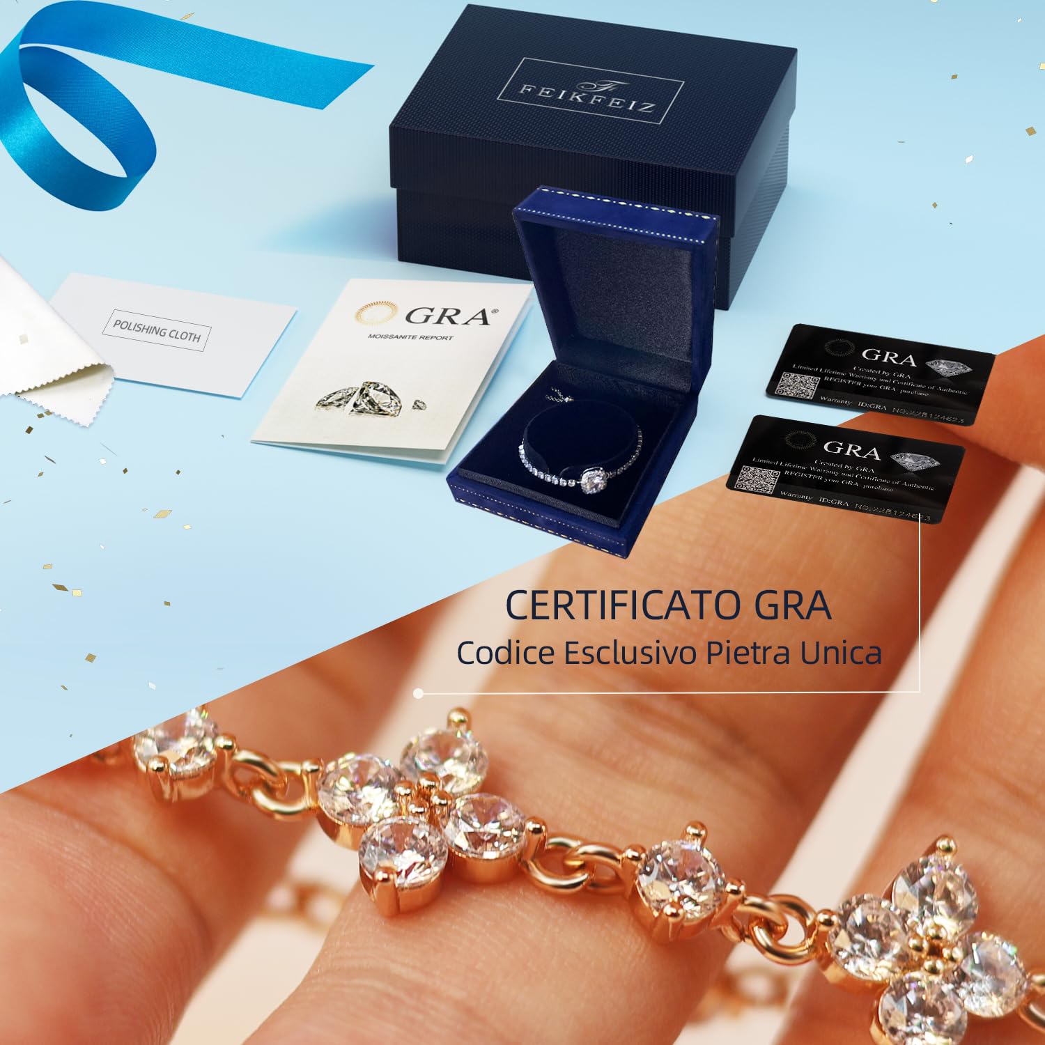 FEIKFEIZ Braccialetto con moissanite, in diamante moissanite coltivato in laboratorio, placcato in oro rosa 18K, bracciale trifoglio regolabile, regalo per donna.