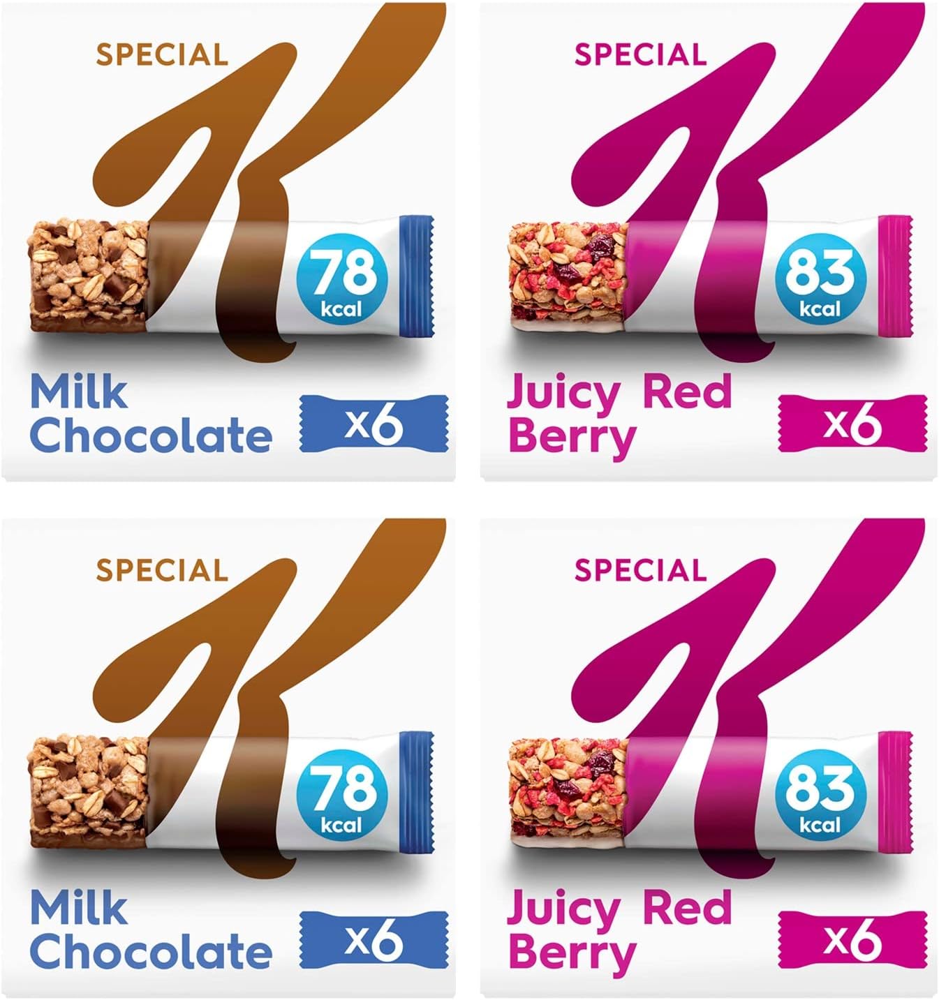 2 Packs of Special K Juicy Red Berry With Wholegrain Oats Bundled with 2 Packs of Special K Milk Chocolate With Wholegrain Oats(24 Bars In Total)