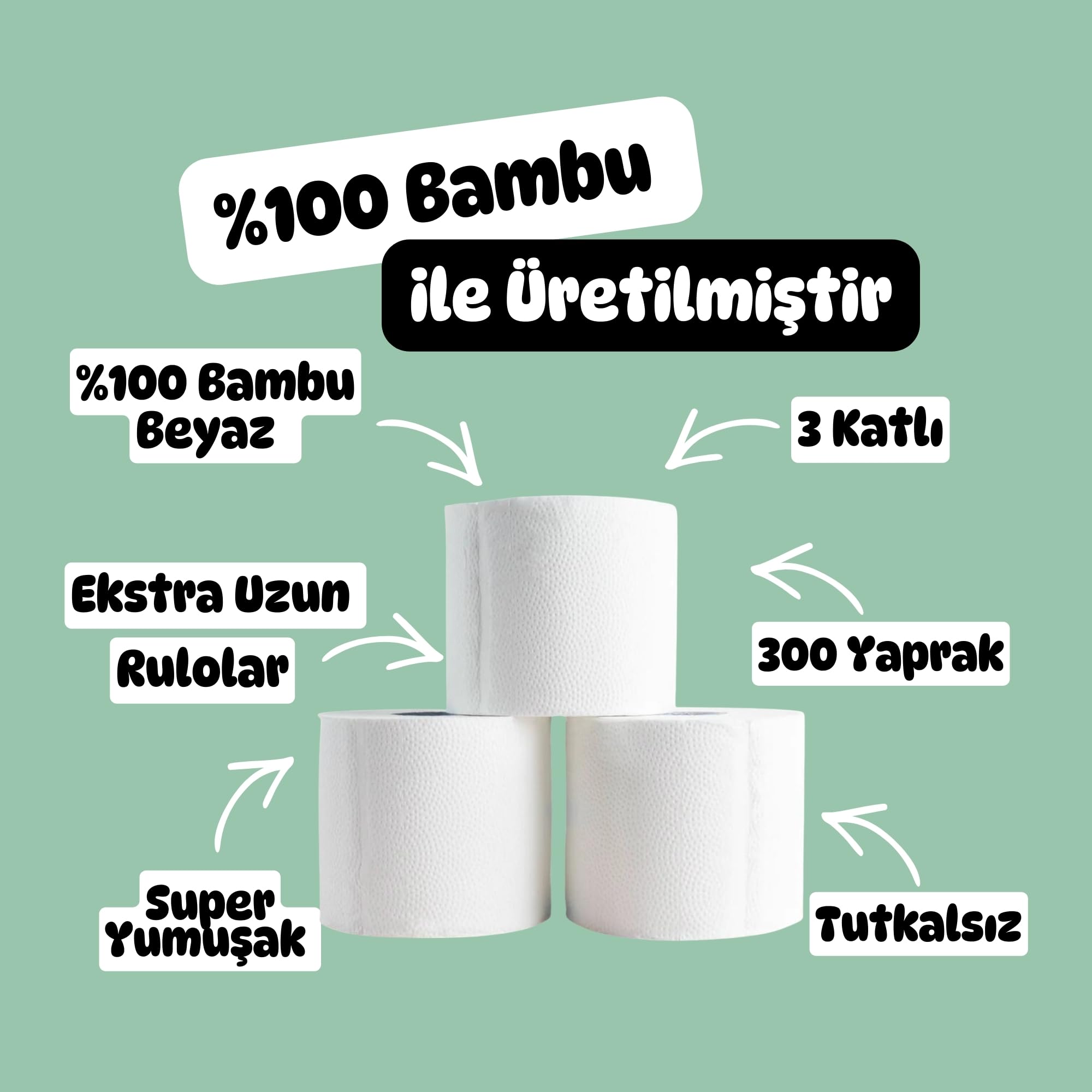 %100 Bambu "Extra Uzun Rulo" 16 Tuvalet Kağıdı FRUITY LOOP Doğal Beyaz