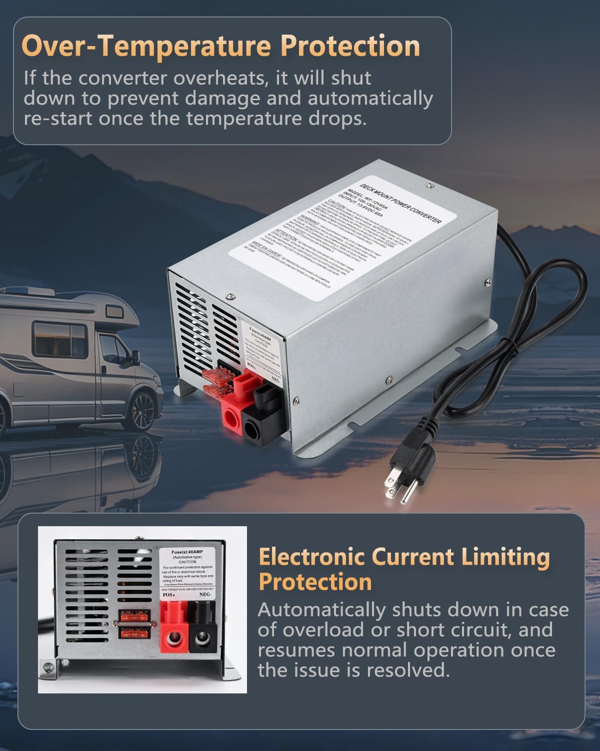 65 Amp RV Converter WF-9865 – Deck Mount Three-Stage Power Converter & Charger, Direct Replacement for 9800 Series, Perfect for Camper RV Trailers