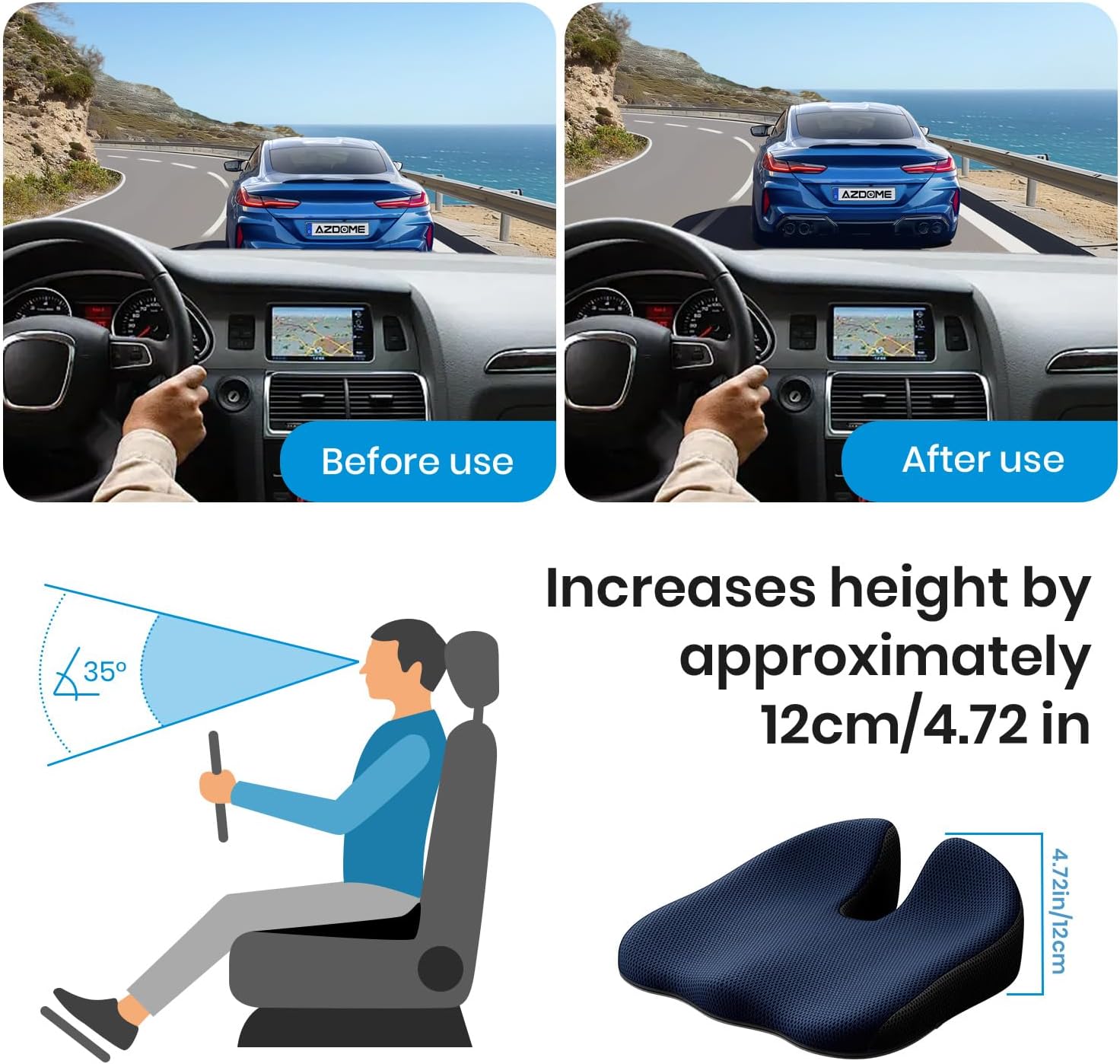 benazcap car seat cushion - memory foam car seat pad - sciatica & lower back pain relief - car seat cushions for driving - road trip essentials for drivers-blue