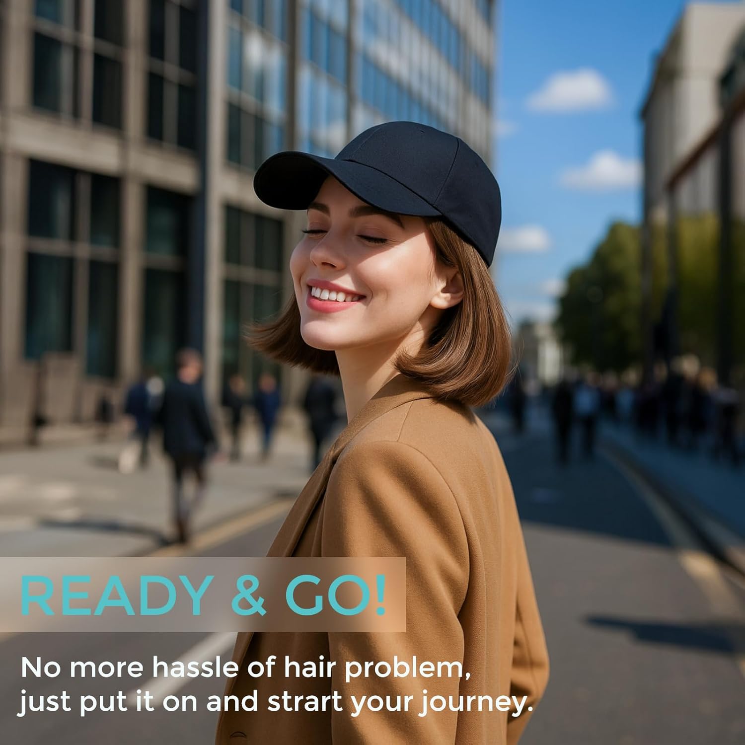 MY-LADY Hat Wig Hat with Hair Attached for Women Baseball Cap with Hair Extensions Adjustable Short Straight Synthetic Hairpiece 6" Black Cap to 10P22T