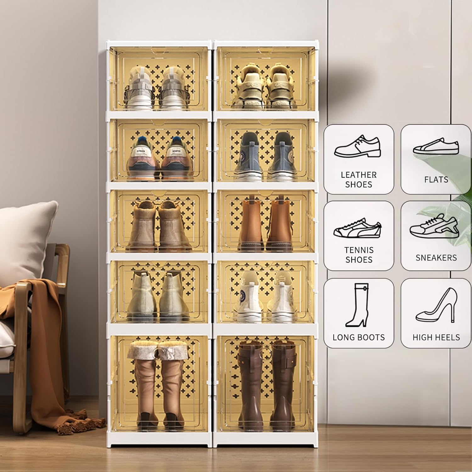 5 Tiers Stackable Shoe Storage Organizer bins open front, Space Saving Shoe Rack Holder Boxes,Moving Cabinet Bins Sturdy, Clear