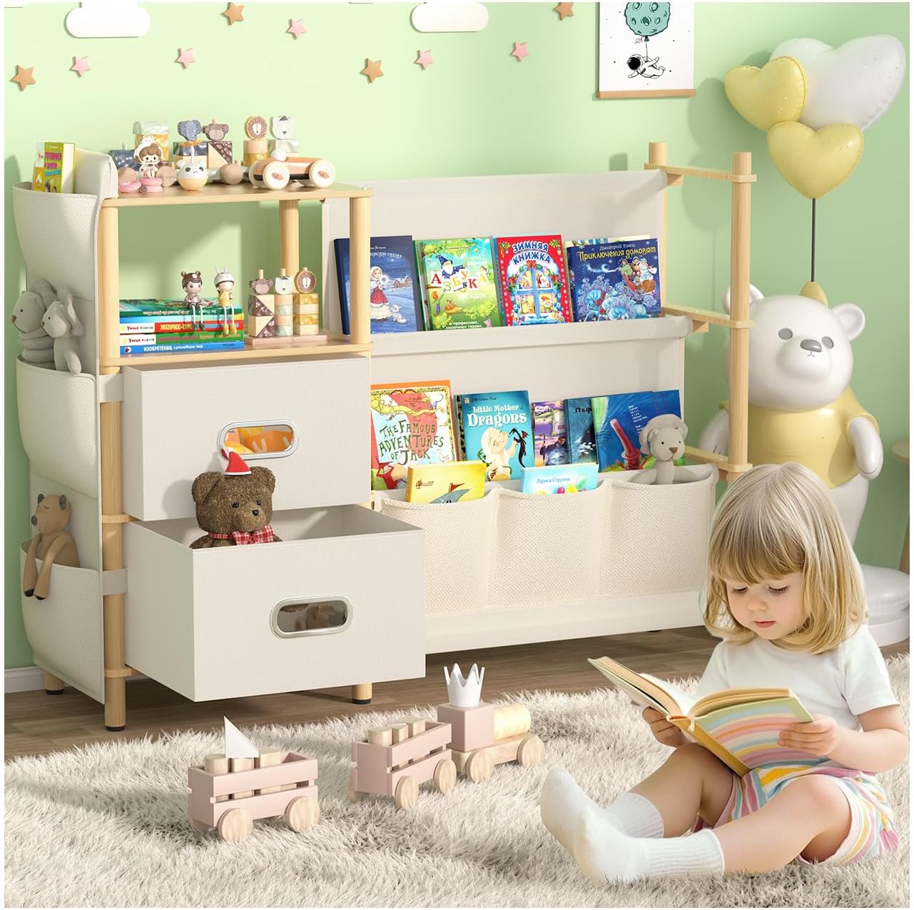 100% Natural Kids Bookshelf and Toy Storage,3 Tier Baby Book Shelf Toy Organizer with Bins and Side Sling Bookcase,Montessori Toy Organizer for Nursery,Living Room,Bedroom,Playroom Decor
