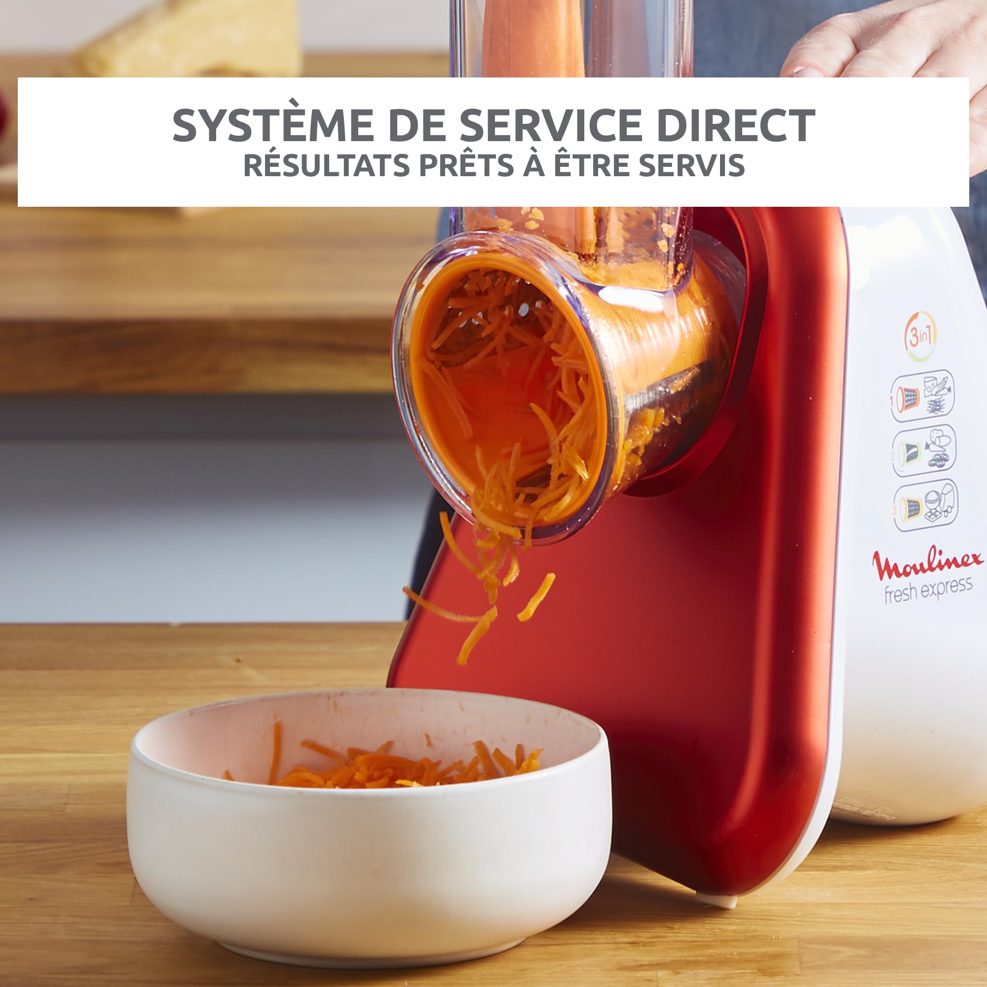 Moulinex Fresh Express Découpe-légumes 5-en-1, Tranche, Emince, Râpe, Large tube d'alimentation, Cône avec code couleur, Fabriqué en France DJ755G10, Rouge, Blanc
