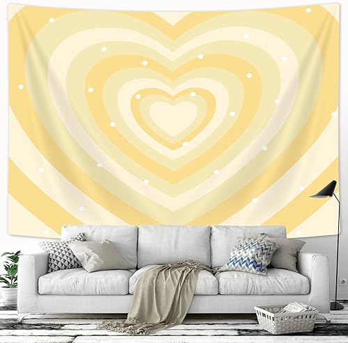 Drgilau Bonito tapiz estético amarillo para dormitorio de niña, tapiz de pared hippie con forma de corazón amarillo de los años 2000, tapiz