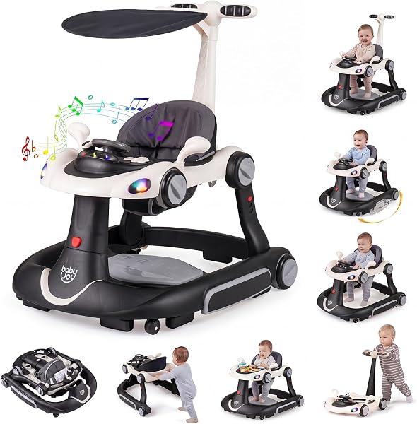 COSTWAY Trotteur Bébé Garçon Fille Pliable 7 en 1 avec Mode Bascule et Sautillant, Trotteur Marche Bébé Garçon Évolutif avec Hauteur Réglable, Musique et Lumière,Charge 12kg, 7-18 Mois (Noir) - 1
