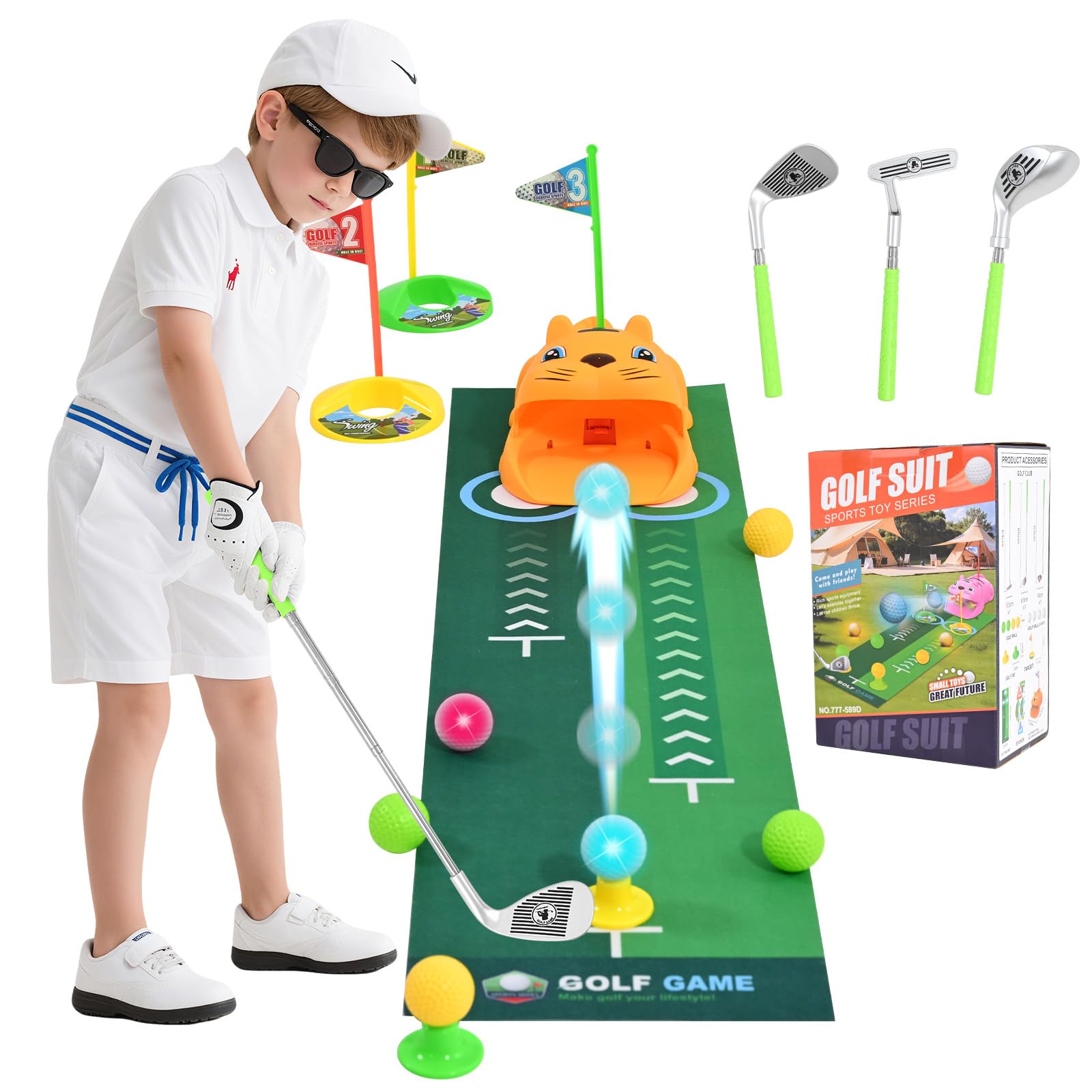 Coffret de Golf pour Enfants avec retourneur de balles Automatique et balles Lumineuses à LED | 18 pièces, Cadeau pour garçons et Filles de 3 à 8 Ans | Comprend des Clubs rétractables