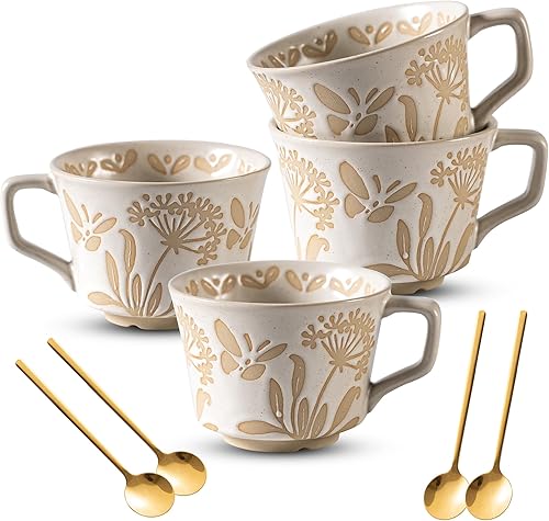 Miniatura 12 de Juego de 4 tazas de café con cuchara dorada, taza de cerámica pintada a mano de estilo antiguo de 11 onzas para hombres y mujeres, regalos únicos