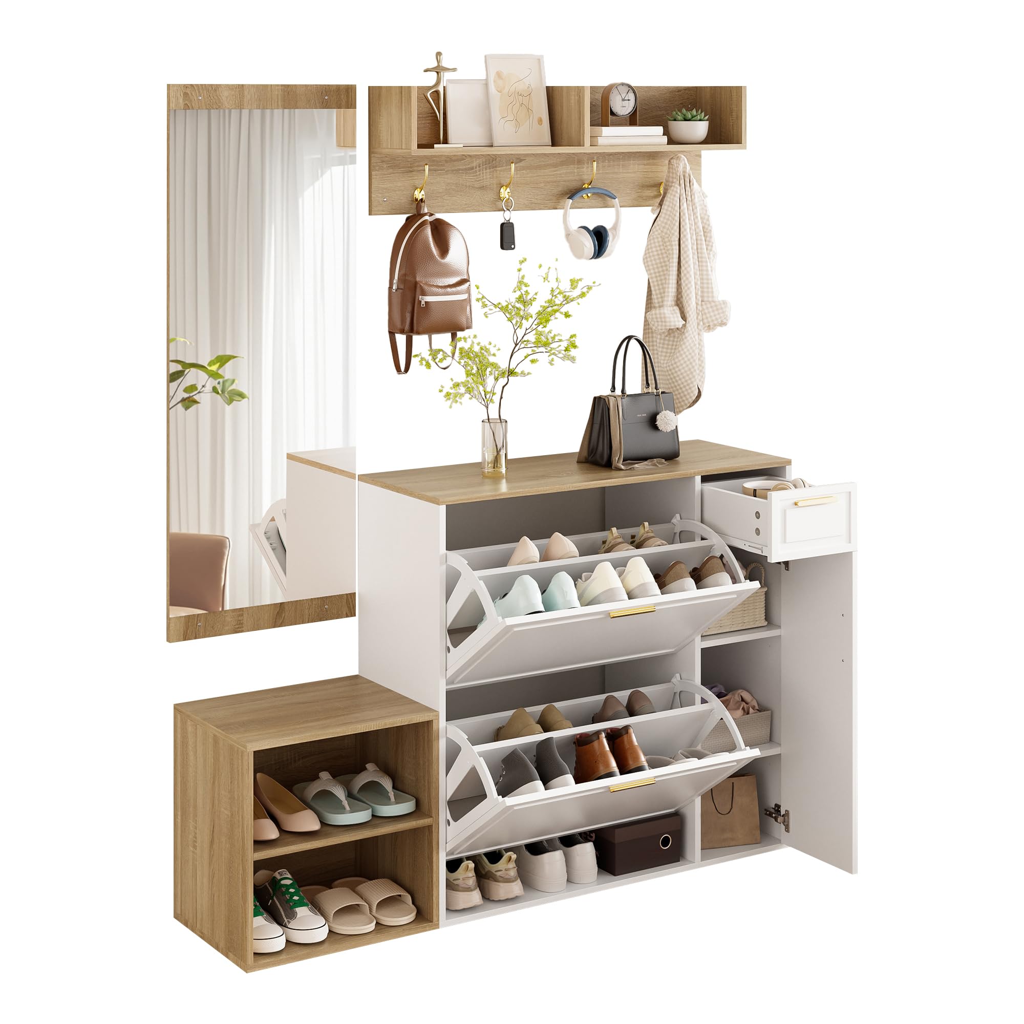 Shye Set di 4 appendiabiti, con scarpiera, panchina, appendiabiti da parete e specchio, set completo di mobili per corridoio e ingresso, dimensioni: 139,5 x 35 x 166 cm (larghezza x profondità x