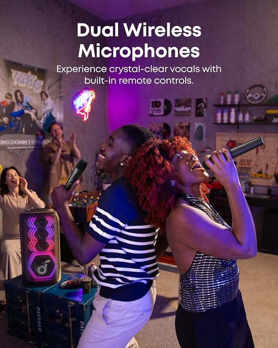 مكبر صوت للحفلات Soundcore Rave 3S AI مع ميكروفونين لاسلكيين، صوت 200 واط، إزالة صوتية بالذكاء الاصطناعي، صدى، عرض ضوئي، وقت تشغيل 12 ساعة، نظام Bluetooth PA محمول للمنزل أو الحفلة أو الفناء الخلفي