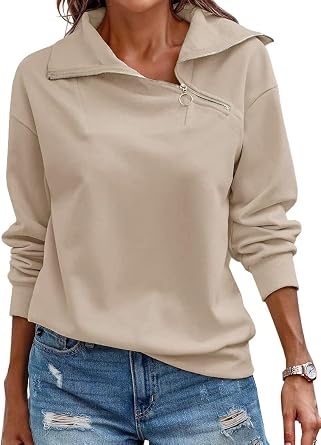 Ebifin Womens Zipper Sweatshirts Turtleneck Long Sleeve Pullovers Casual Loose Top T Shirts