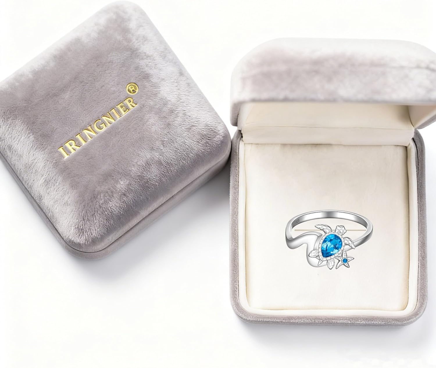 Wave Sea Turtle Ring Sterling Silver Sapphire Jewelry Ocean Themed Starfish Blue Zircon Diamond Turtle Rings Gifts for Women Sister Friend Mom Size 6 7 8 9 10 - Image 3