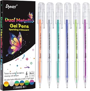 Dyvicl Dual Metallic Gel Pen, Liquid Glitter Iridescent Gel Pen for Coloring, Doodling, Drawing, Scrapbooking, Card Making, Illustrations, Journaling, Set of 6 2nd Generation