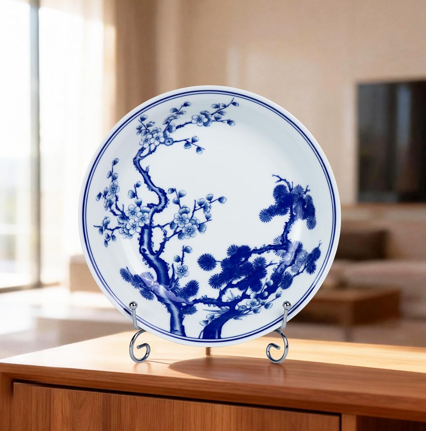 KAMMAK Decorative Plates for Display, Ceramic Plate Decor with Stand | White and Blue,Handmade, Art, Porcelain, 8inch, Decorative Display, Table/Living Room/Kitchen/Office Use,Chinese Style 954N