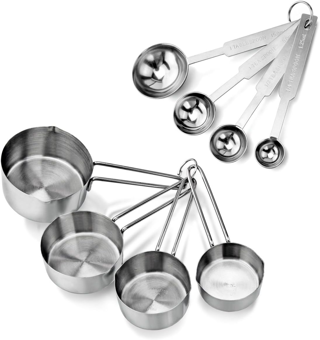 42917 Stainless Steel Measuring Cups and Spoons Set, 8-Piece Metal Measuring Set for Baking, Cooking, Dry and Liquid Ingredients, Restaurant Grade, Silver