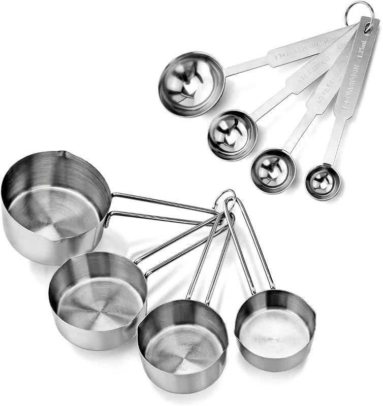 42917 Stainless Steel Measuring Cups and Spoons Set, 8-Piece Metal Measuring Set for Baking, Cooking, Dry and Liquid Ingredients, Restaurant Grade, Silver